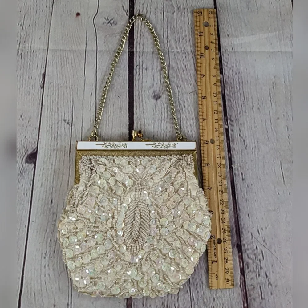Vintage Hand Beaded Sequin Ivory Clutch Evening Purse by Laura